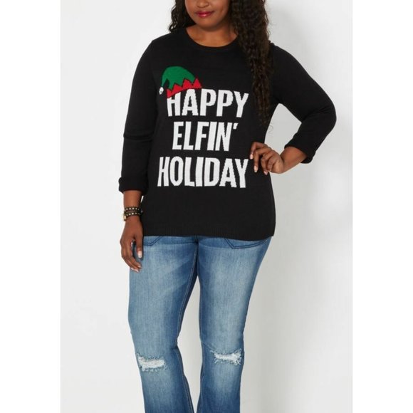 Rue21 Christmas Sweater Black Happy Elfin' Holiday Graphic - Picture 1 of 9
